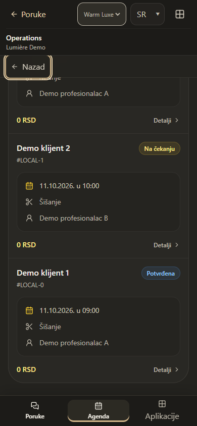 Demo Ordum komponenata na mobilnom vebu: agenda sa sintetičkim terminima i donjom navigacijom, na srpskom.